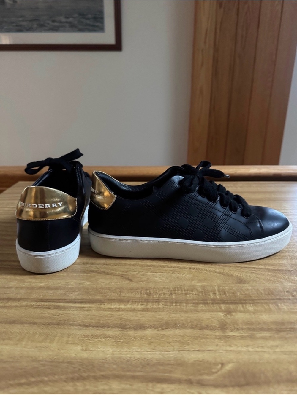 Burberry Black Leather Low-Top Sneakers with Gold Heel Tab